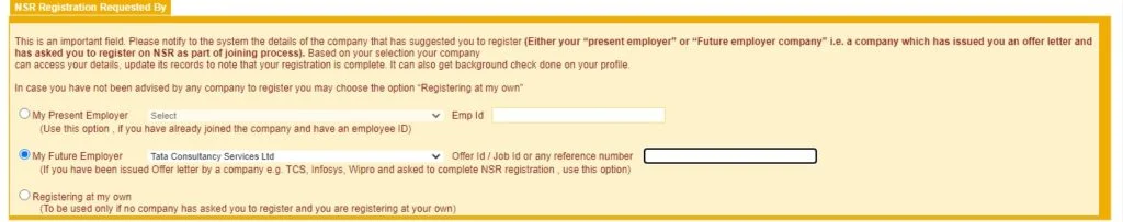 NSR requested by Create NSR Account