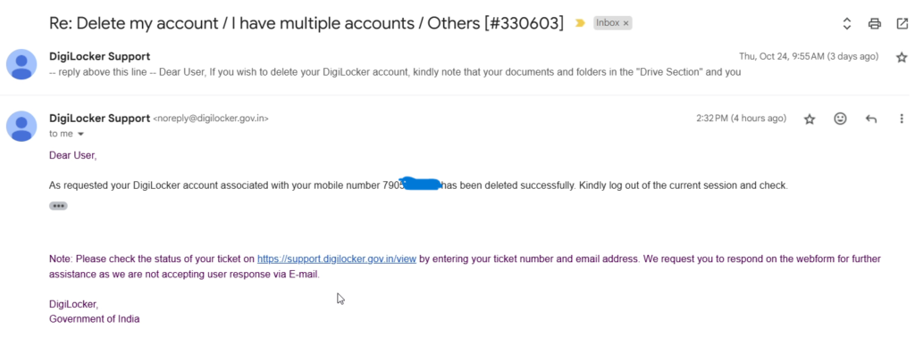 Finally Digilocker account deleted