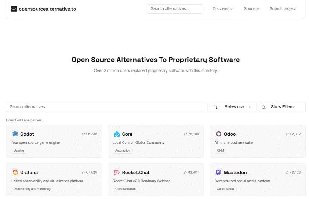 List of Websites that provide open-source alternatives